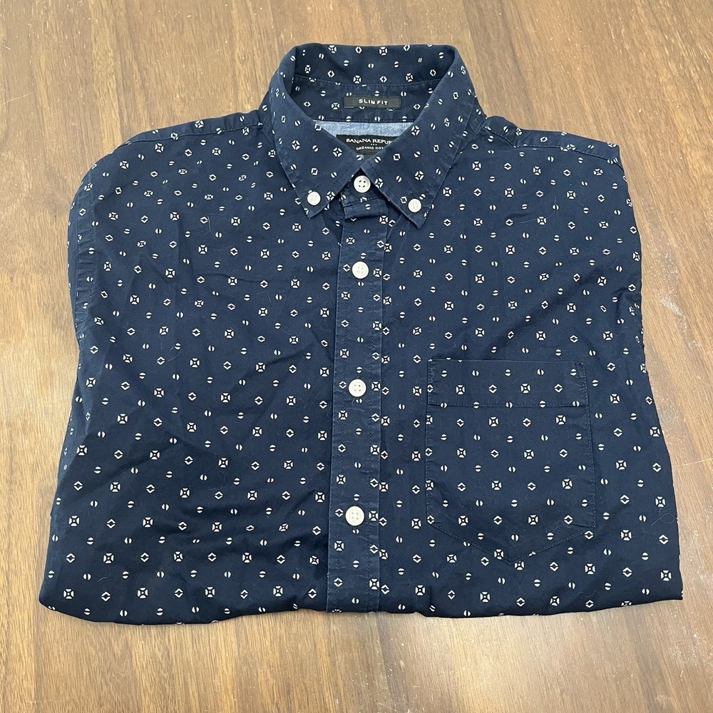 Banana Republic Shirt Mens sz M Navy Blue Slim Fit Short Sleeve Organic Cotton
